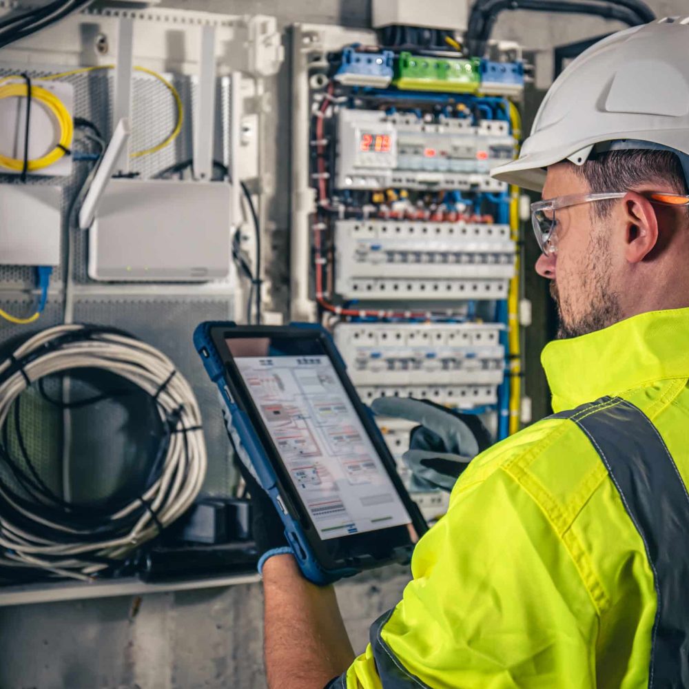 Man, an electrical technician working in a switchboard with fuses. Installation and connection of electrical equipment. Professional uses a tablet.